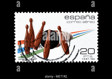 Storniert Briefmarke von Spanien gedruckt, dass Bowling fördert, circa 1983. Stockfoto