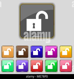 Offenes Schloss unterzeichnen. Set mit 11 farbigen Buttons für Ihre Website. Vector Illustration Stock Vektor