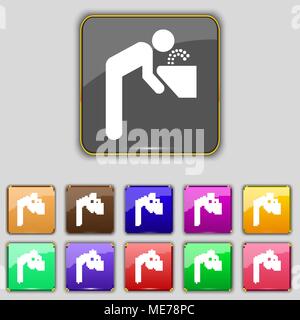 Trinkbrunnen Symbol unterzeichnen. Set mit 11 farbigen Buttons für Ihre Website. Vector Illustration Stock Vektor