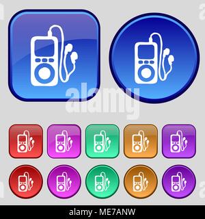 MP3-Player, Kopfhörer, Symbol Musik. Ein Set von 12 Vintage Buttons für Ihre Konstruktion. Vector Illustration Stock Vektor