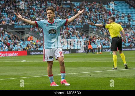 RC Celta von Emre Mor reagiert während der spanischen La Liga Fußball Match zwischen RC Celta und Valencia an der Balaidos Stadion in Vigo, Spanien, Dienstag, 21. April 2018. Cordon drücken Sie Stockfoto