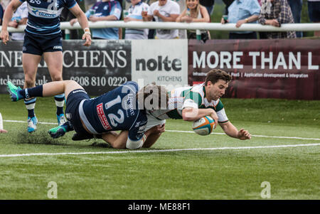 London, UK, 21. April 2018. Lukas Carter Kerben versuchen, Ealing Trailfinders v Bedford Blues im Halbfinale der B& I Cup auf Schloss Bar, Vallis, West Ealing, London, England, am 21. April 2018 Endstand 36-16 Credit: Lissy Tomlinson/Alamy leben Nachrichten Stockfoto
