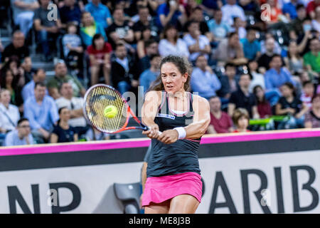 April 22, 2018: Patty Schnyder (SUI) während der FED Cup durch BNP Spiel 2018 zwischen Rumänien und der Schweiz im Sala Polivalenta, Cluj-Napoca, Rumänien ROU. Copyright: Cronos/Catalin Soare Stockfoto