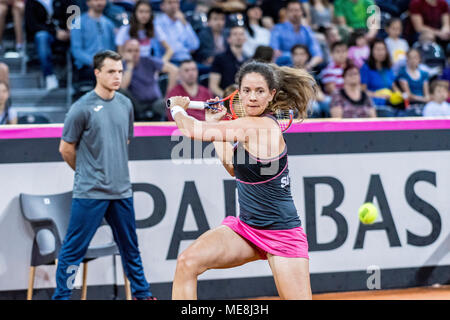 April 22, 2018: Patty Schnyder (SUI) während der FED Cup durch BNP Spiel 2018 zwischen Rumänien und der Schweiz im Sala Polivalenta, Cluj-Napoca, Rumänien ROU. Copyright: Cronos/Catalin Soare Stockfoto