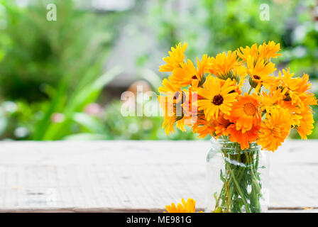 Blumenstrauß heilenden Kräutern. Orange Blüte der Ringelblume im Glas auf Holz urigen alten Hintergrund. Stockfoto