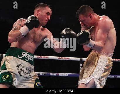 David Oliver Joyce (links) gegen Jordan Ellison während Ihrer internationalen Leichte bout an der SSE-Arena, Belfast. Stockfoto