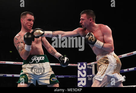 David Oliver Joyce (links) gegen Jordan Ellison während Ihrer internationalen Leichte bout an der SSE-Arena, Belfast. Stockfoto