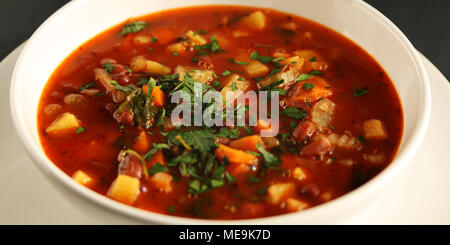 Tomatensuppe mit roten Bohnen, Kartoffeln und Karotten. Vegane Ernährung. Europäische Küche. Vegetarisches Gericht. Hauptgericht. Bio Mahlzeit. Breite Foto. Stockfoto