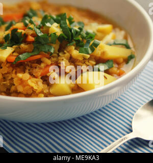 Rote Linsen Eintopf auf das runde weiße Platte. Close Up. Veganes Gericht mit Kartoffeln, Karotten und Kurkuma. Europäische Küche. Vegetarisches Mittagessen. Getönten Foto. Stockfoto