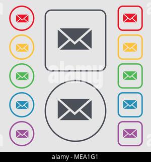 Mail, Umschlag, Symbol Nachricht unterzeichnen. Symbol auf der Runde und quadratische Tasten mit Rahmen. Vector Illustration Stock Vektor