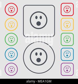 Entsetzte Gesicht Smiley-symbol unterzeichnen. Symbol auf der Runde und quadratische Tasten mit Rahmen. Vector Illustration Stock Vektor