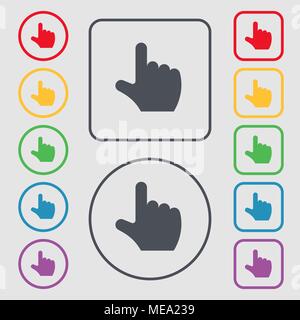 Zeigende Hand Symbol unterzeichnen. Symbol auf der Runde und quadratische Tasten mit Rahmen. Vector Illustration Stock Vektor