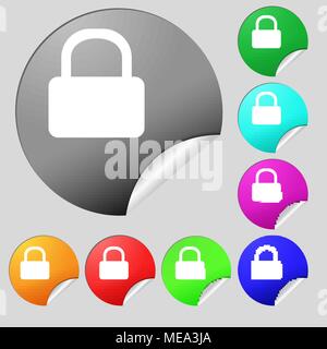 Pad Schlosssymbol unterzeichnen. Satz von acht bunte runde Buttons, Aufkleber. Vector Illustration Stock Vektor