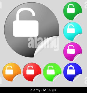 Offene Schlosssymbol unterzeichnen. Satz von acht bunte runde Buttons, Aufkleber. Vector Illustration Stock Vektor