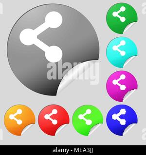 Symbol "Freigeben" unterzeichnen. Satz von acht bunte runde Buttons, Aufkleber. Vector Illustration Stock Vektor