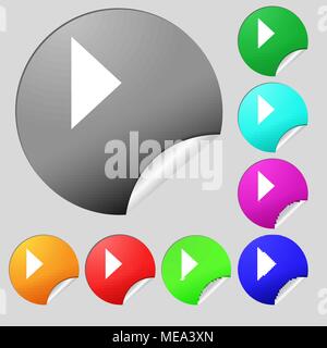 Wiedergabesymbol unterzeichnen. Satz von acht bunte runde Buttons, Aufkleber. Vector Illustration Stock Vektor