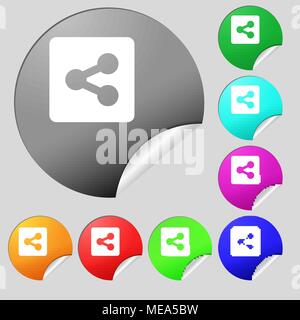 Symbol "Freigeben" unterzeichnen. Satz von acht Bunten runde Buttons, Aufkleber. Vector Illustration Stock Vektor