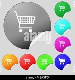 Warenkorb Symbol unterzeichnen. Satz von acht Bunten runde Buttons, Aufkleber. Vector Illustration Stock Vektor