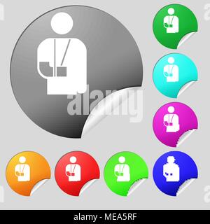 Gebrochenen arm, Behinderung Symbol unterzeichnen. Satz von acht Bunten runde Buttons, Aufkleber. Vector Illustration Stock Vektor