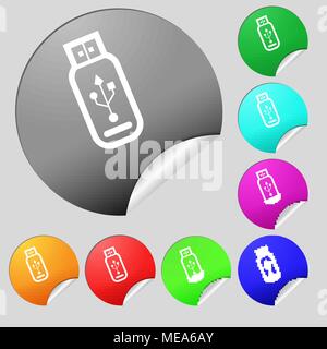 Usb flash drive Icon Anmelden. Satz von acht Bunten runde Buttons, Aufkleber. Vector Illustration Stock Vektor