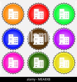 Hochhaus Gebäude und Wohnungen Symbol unterzeichnen. Ein Set von 9 verschiedenen farbigen Etiketten. Vector Illustration Stock Vektor