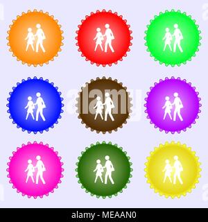 Crosswalk Symbol unterzeichnen. Ein Set von 9 verschiedenen farbigen Etiketten. Vector Illustration Stock Vektor
