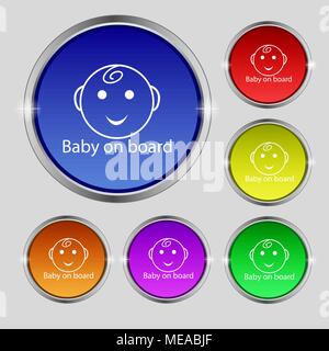 Baby an Bord Schild Symbol. In dem Auto Achtung Symbol für Kleinkinder. Satz von farbigen Tasten. Vector Illustration Stock Vektor