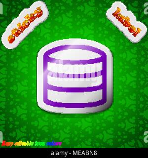 Festplatte und Symbol Datenbank anmelden. Symbol schicke bunte klebrige Label auf grünem Hintergrund. Vector Illustration Stock Vektor