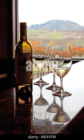 Eine Gießen der Albarino, einem preisgekrönten Weißwein, erwartet Fallen Besucher bei der Verkostung Counter von Abacela Winery, Roseburg, Oregon. Stockfoto