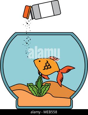 Aquarium Schüssel mit Farben Fisch und Flasche Essen Stock Vektor