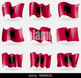 Satz von Albanien Fahnen in der Luft. Vector Illustration Stock Vektor