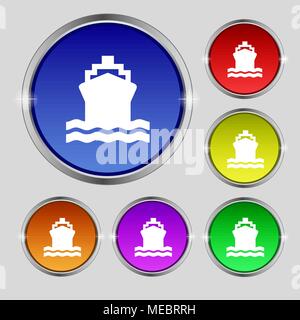 Schiff Symbol unterzeichnen. Runde Symbol auf hellen farbigen Buttons. Vector Illustration Stock Vektor
