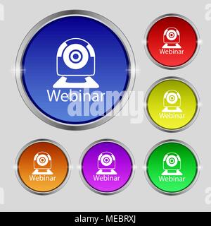 Webinar web kamera Zeichen Symbol. Online Web-Studie Symbol. Website e-learning Navigation. Satz von farbigen Tasten Vector Illustration Stock Vektor