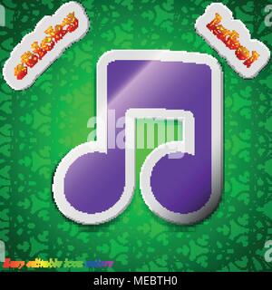 Symbol Musiknote unterzeichnen. Symbol schicke bunte klebrige Label auf grünem Hintergrund. Vector Illustration Stock Vektor