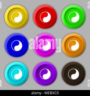 Yin Yang Symbol unterzeichnen. Symbol auf neun Runden farbigen Buttons. Vector Illustration Stock Vektor