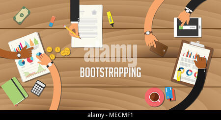 Bootstrapping Abbildung: arbeiten im Team zusammen mit einer Hand zusammen arbeiten auf der Oberseite der hölzernen Tisch arbeiten auf den Unterlagen Dokument Grafik Vektor Stockfoto