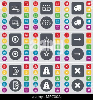 Bild, Kassette, Lkw, Pfeil nach oben, Stern, Pfeil rechts, Smartphone, Straße, Stop Symbol. Eine große Auswahl an flache, farbige Schaltflächen für Ihre Konstruktion. Vecto Stock Vektor