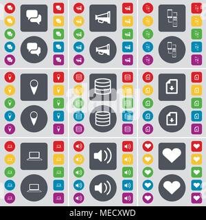 Chat, Megaphon, Verbindung, Checkpoint, Datenbank, Download, Laptop, Notebook, Sound, Herz Symbol. Eine große Auswahl an flache, farbige Schaltflächen für Ihre desi Stock Vektor