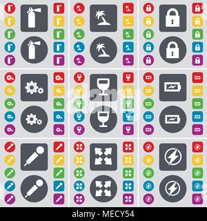 Feuerlöscher, Palm, Lock, Zahnrad, Weinglas, Ladung, Mikrofon, Vollbild, Flash Symbol. Eine große Auswahl an flache, farbige Schaltflächen für Ihre de Stock Vektor