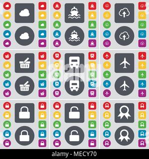 Cloud, Schiff, Korb, Lkw, Flugzeug, Schloss, Medaille Symbol. Eine große Auswahl an flache, farbige Schaltflächen für Ihre Konstruktion. Vector Illustration Stock Vektor
