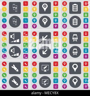 Verbindung, Checkpoint, Batterie, Lautstärke, Bereitstellung von Bildschirm, Zug, Rakete, Monitor, Checkpoint Symbol. Eine große Auswahl an flache, farbige Schaltflächen für Yo Stock Vektor