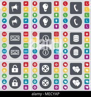 Megaphon, Glühbirne, Empfänger, Kassette, Informationen, Datenbanken, Schloss, Videoband, Herz Symbol. Eine große Auswahl an flache, farbige Schaltflächen für Ihre de Stock Vektor