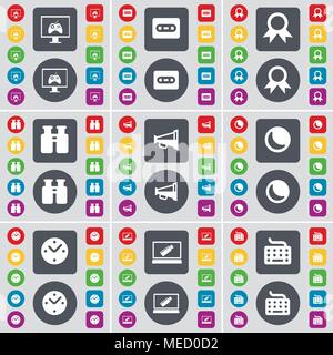 Monitor, Kassette, Medaille, Fernglas, Megaphon, Mond, Uhr, Laptop, Tastatur auf das Symbol. Eine große Auswahl an flache, farbige Schaltflächen für Ihre Konstruktion. Vect Stock Vektor