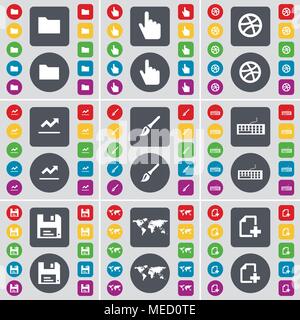 Ordner-, Hand-, Kugel-, Diagramm-, Pinsel-, Tastatur, Diskettenlaufwerk, Globus, Datei- Symbol. Eine große Auswahl an flache, farbige Schaltflächen für Ihre Konstruktion. Vector Illustration Stock Vektor