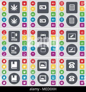 Marihuana, Batterie, Rechner, Smartphone, Kalender, Laptop, Wörterbuch, Fenster, Retro auf das Symbol "Telefon"-Symbol. Eine große Auswahl an flache, farbige Schaltflächen für Yo Stock Vektor