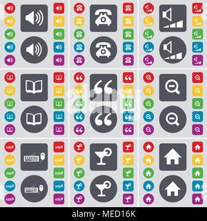 Sound, Retro, Lautstärke, Buch, Anführungszeichen, Lupe, Tastatur, Cocktail, Haus Symbol. Eine große Auswahl an flache, farbige Schaltflächen für Yo Stock Vektor