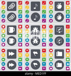 Clip, Hinweis, Apple, Schale, Bug, Montor, Zurückspulen, Flagge, Ordner Symbol. Eine große Auswahl an flache, farbige Schaltflächen für Ihre Konstruktion. Vector Illustration Stock Vektor