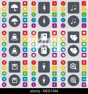 Regenschirm, Silhouette, Hinweis, Schiff, Hinweis, Herz, Floppy, Silhouette, Symbol Vergrößerungsglas-Symbol. Eine große Auswahl an flache, farbige Schaltflächen für Ihre Konstruktion. Stock Vektor