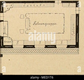 . Gartenwelt sterben. Grundriß des Wintergartens. Fenster Sterben an der Einfahrtsseite Sindh für blühende und andere Verkaufspflanzen bestimmt, sie verschaffen dem Räume gleichzeitig eine gute Belichtung. Der Giebel auf der Rückseite ist durch eine Tür mit dem Garten verbunden. Neben der Einfahrt, sterben von einem eisernen Tor gesperrt ist, befindet sich ein mit Platten belegter Fuß-sieig. Die Mittelgruppe wird aus größeren Palmen und anderen Blattpflanzen zusammengestellt. Vor derselben ist Raum zur-dienung des Publikums. Auch zahlr Korbsessel und eine Gartenbank haben dortselbst Aufstellung gefu Stockfoto