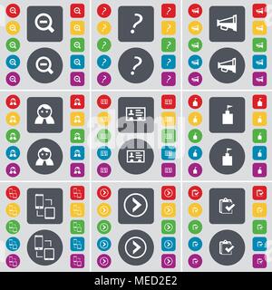 Lupe, Fragezeichen, Megaphon, Avatar, Kontakt, Flagge Tower, Anschluss, Pfeil rechts, Umfrage Symbol. Eine große Auswahl an flache, farbige, aber Stock Vektor